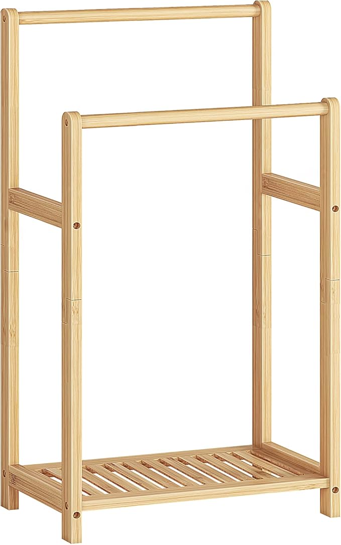 HOOBRO Freestanding Towel Rack for Bathroom, 2 Tier Decorative Bamboo Blanket