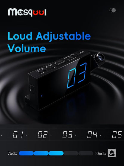 Mesqool Projection Alarm Clock with Bed Shaker, Dual Alarms, 180° Projector, 5-Level Dimmer, USB Phone Charger, Battery Backup, Loud Vibrating Alarm Clock for Heavy Sleepers, Snooze, DST