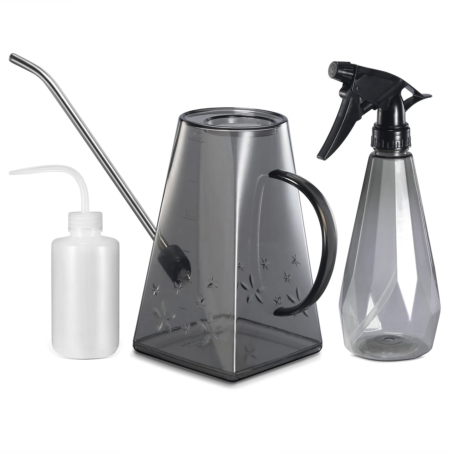 Goowin Watering Can Indoor Plants, 47 oz Long Spout House Plant Flower Watering Can, Creative Wide Opening Plastic Watering Can with 16 oz Spray Bottle & 8.5 oz Squeeze Bottle, Grey
