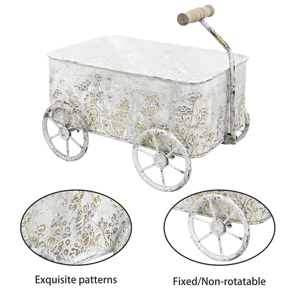 Zokyntrix Flower Cart with Wooden Handles, Metal Wagon Planters for Outdoor Plants, Garden Planter with Wagon Wheels, Decorative Wheelbarrow, Plant Cart for Patio Garden Balcony (White)