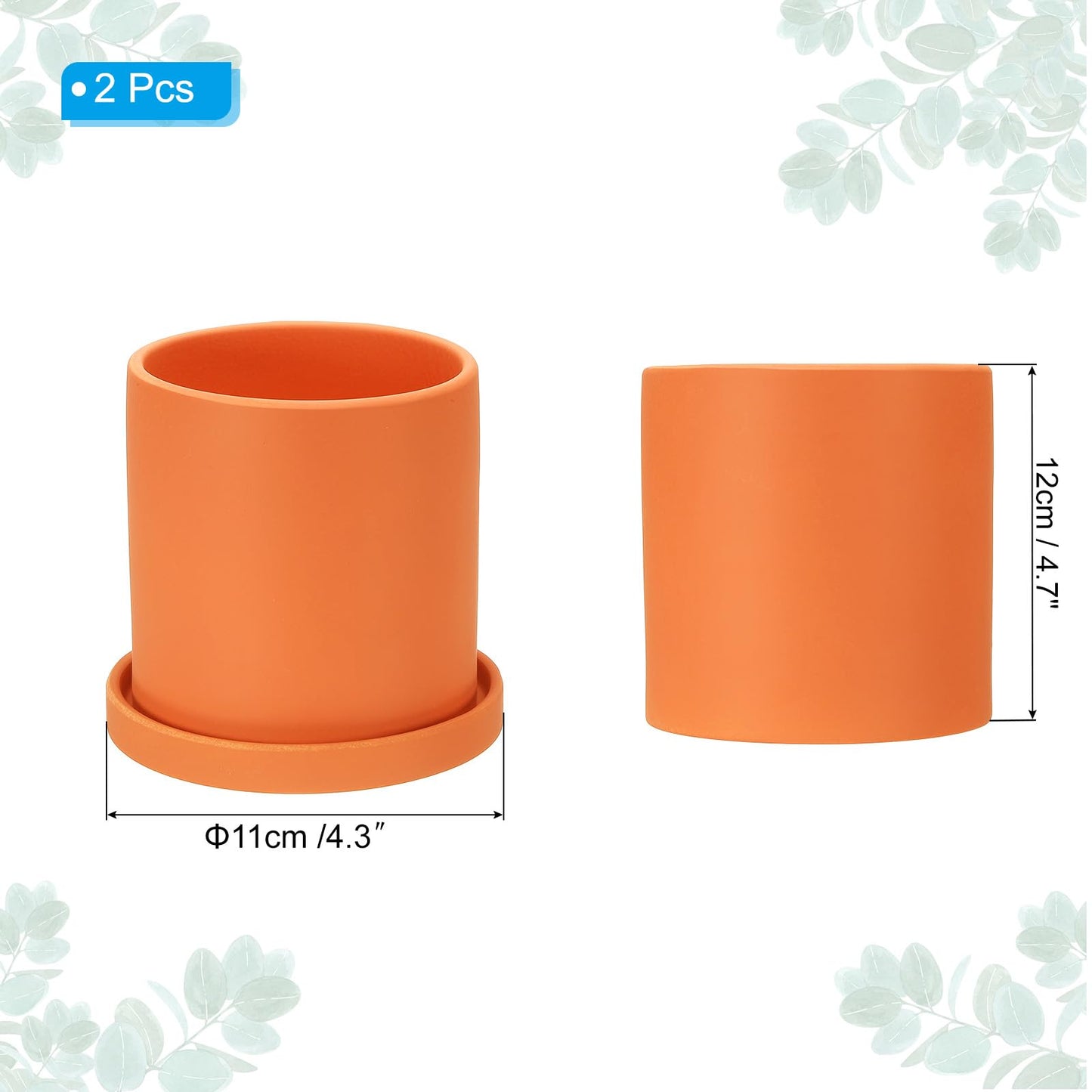 PATIKIL 4.3 Inch Ceramic Plant Pots, 2 Pack Modern Flower Planters with Drainage Holes and Tray for Decorate Home Indoor Plants Succulent Herb, Orange