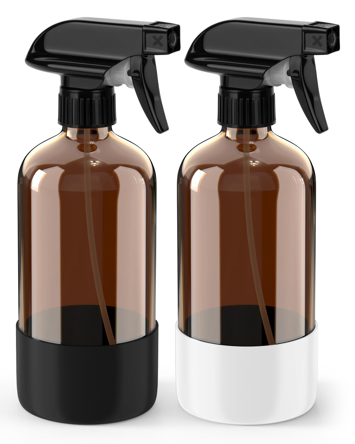 Bontip Glass Spray Bottle with Silicone Sleeve Protection, Amber Glass Spray Bottle Set for Window Cleaner Aromatherapy Facial Hydration Watering Flowers Hair Care 2 Pack/16 oz (Black & White, 16 oz)