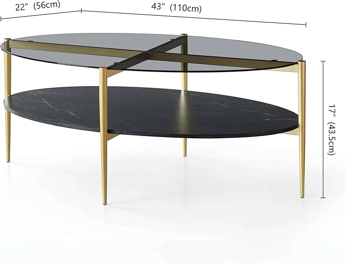 LumFurn Oval Glass Coffee Table, Mid-Century Modern Design, L43 x W22 x H17 inch