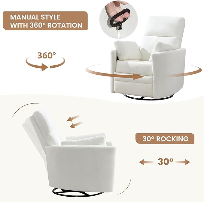 Manual Recliner 360°Swivel Rocking Chair, Nursery Rocking Glider Chair