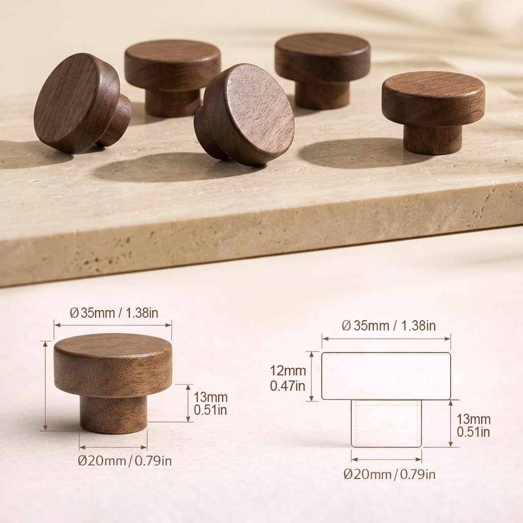 EasTeebw Mid Century Modern Walnut Mushroom Knobs for Cabinet,Drawer,Dresser and Closet Doors.Round Vintage Brown Wooden Crafts Furniture Knobs,Pulls and Handles (1.38‘’ Round Knobs, 6)