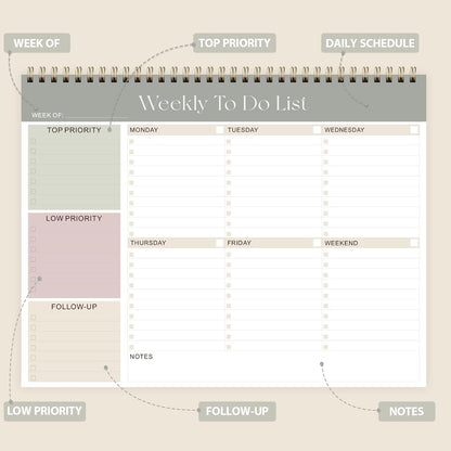 Weekly To Do List Notepad, Undated Planner with 52 Sheets (8.5''x11''), Desk Weekly Planner for Women & Man, Home School & Work