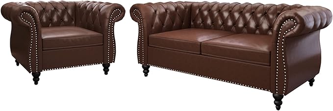 ORRD 2 Piece Living Room Set, Chesterfield Leather Sofa Couch Chair