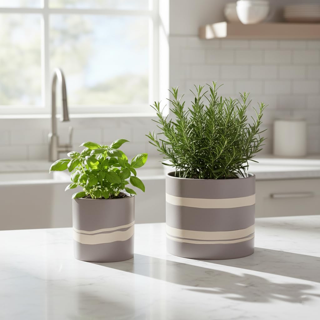 Nihow Modern Ceramic Plant Pot - 5 + 7 Inch Flower Pot for All Indoor Plants - Sturdy Planter Pots with Drainage Hole & Rubber Plugs - Semi-Matte Gray & Nature - Plants Not Included