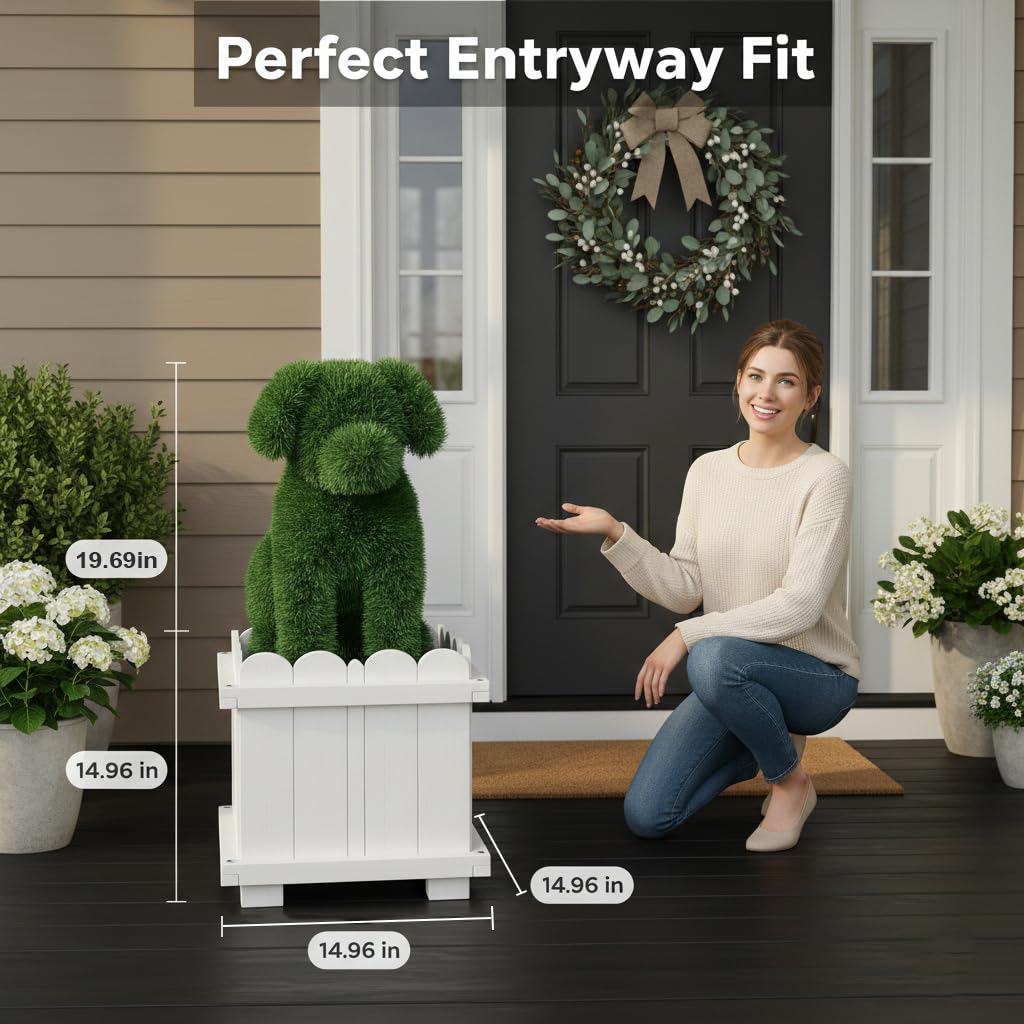 Verdcassz 34.6" Original Design Handcrafted Dog Topiary with White Planter - Premium Faux Boxwood Sculpture, Front Porch Decor, UV-Resistant, No Maintenance, Artificial Plant for Entryway & Patio