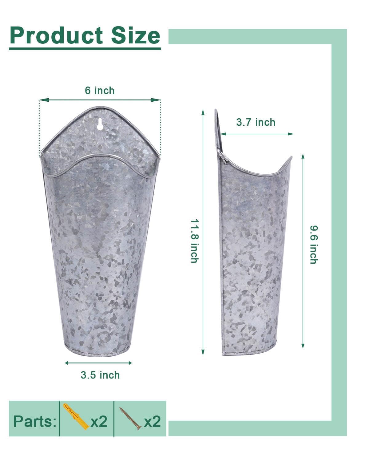 vensovo 12 Inches Galvanized Wall Planters - 2 Packs Metal Tin Vases for Flowers Indoors, Farmhouse Hanging Planter Tall Flower Holder for Country Decor Outdoors, Silver
