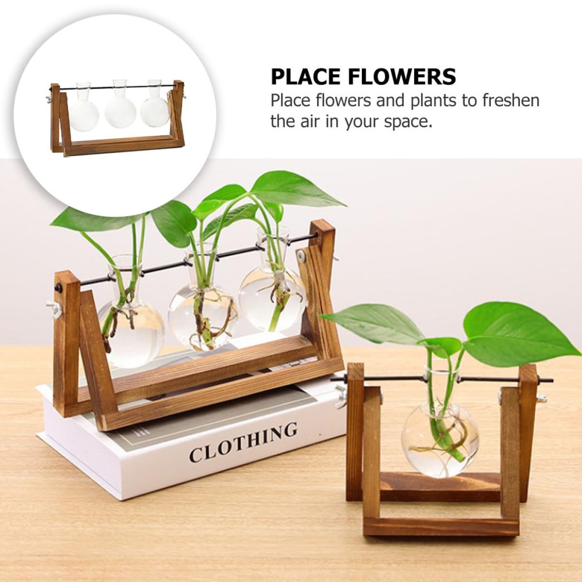 Cabilock Glass Hydroponic Vase Planter with Wooden Stand, Desktop Decorative Green Plant Container for Home and Office Flower Arrangement