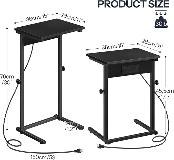 HOOBRO C-Shaped End Table with Charging Station, Adjustable Height Sofa Tray