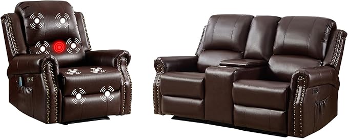 EBELLO 2-Piece Manual Recliner Sofa Set, Faux Leather Message Single Recliner