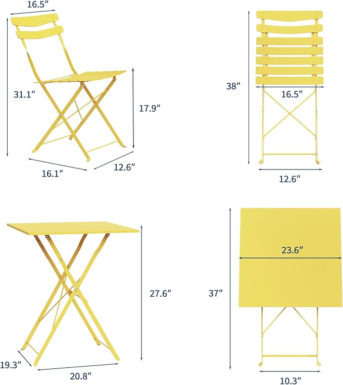 GarveeLife 3 Piece Patio Bistro Set, Folding Patio Bistro Table and Chairs Set