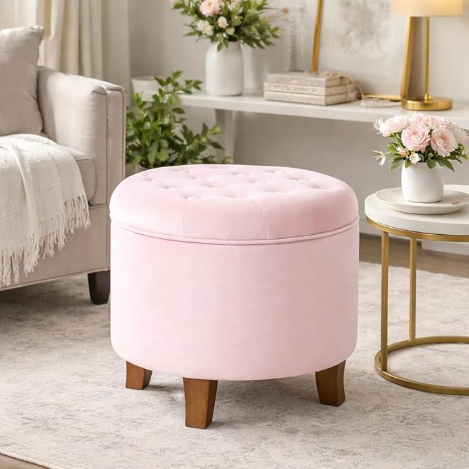 Homepop Home Decor | Upholstered Round Velvet Tufted Foot Rest Ottoman | Ottoman