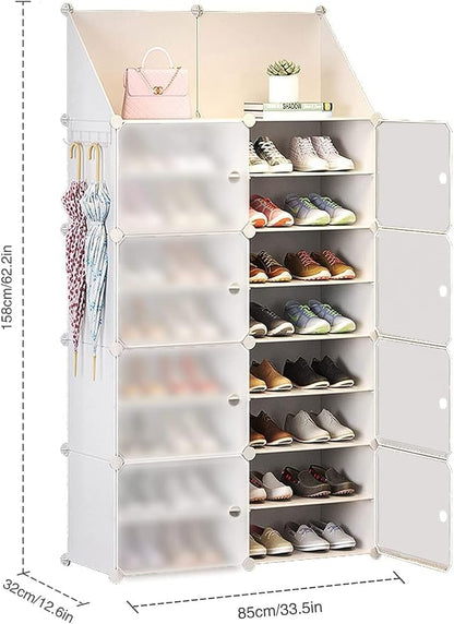 Jomifin Shoe Rack Storage Cabinet with Doors, Key Holder, Portable Shoe Organizer, Expandable Standing Rack, Holds 32-64 Pairs Shoes Boots Slippers for Closet Hallway Entryway Bedroom, 2x8 Tier, White