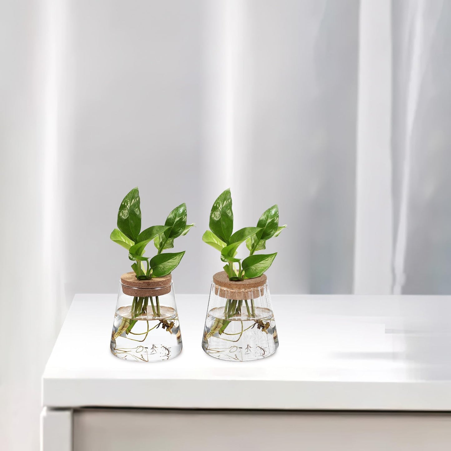 Toyvian 3pcs Hydroponic Plant Vases with Smooth, Hammered, and Vertical Textured Volcanic Glass and Wooden Stoppers for Indoor Propagation, Desktop Terrarium, and Office Plant Accessories