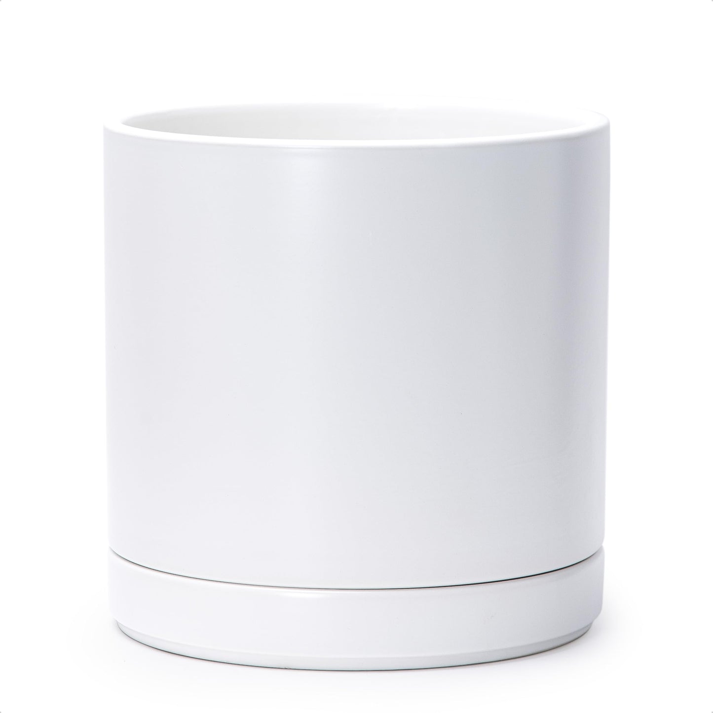 D'vine Dev 10 Inch Ceramic Planter Pot with Drainage Hole and Saucer, Indoor Cylinder Round Planter Pot, White, 94-O-E-1