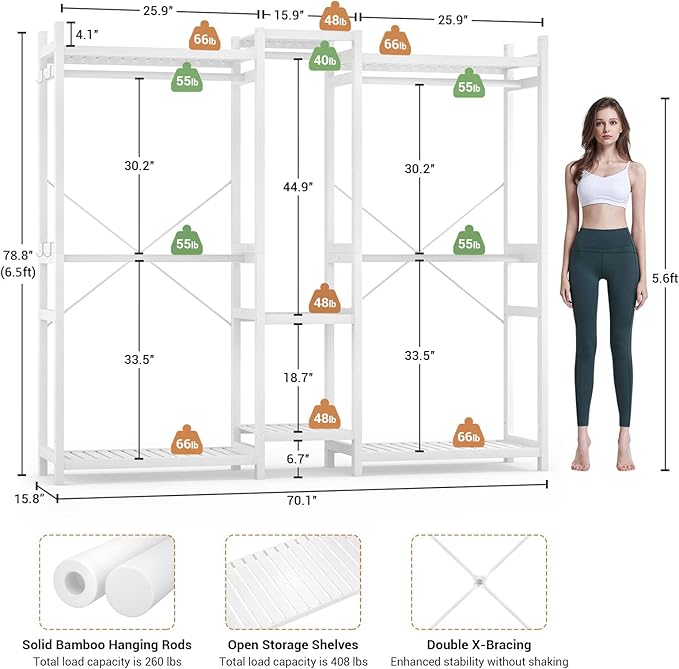 Homykic Bamboo Closet System Clothes Rack, Large Freestanding Garment Rack