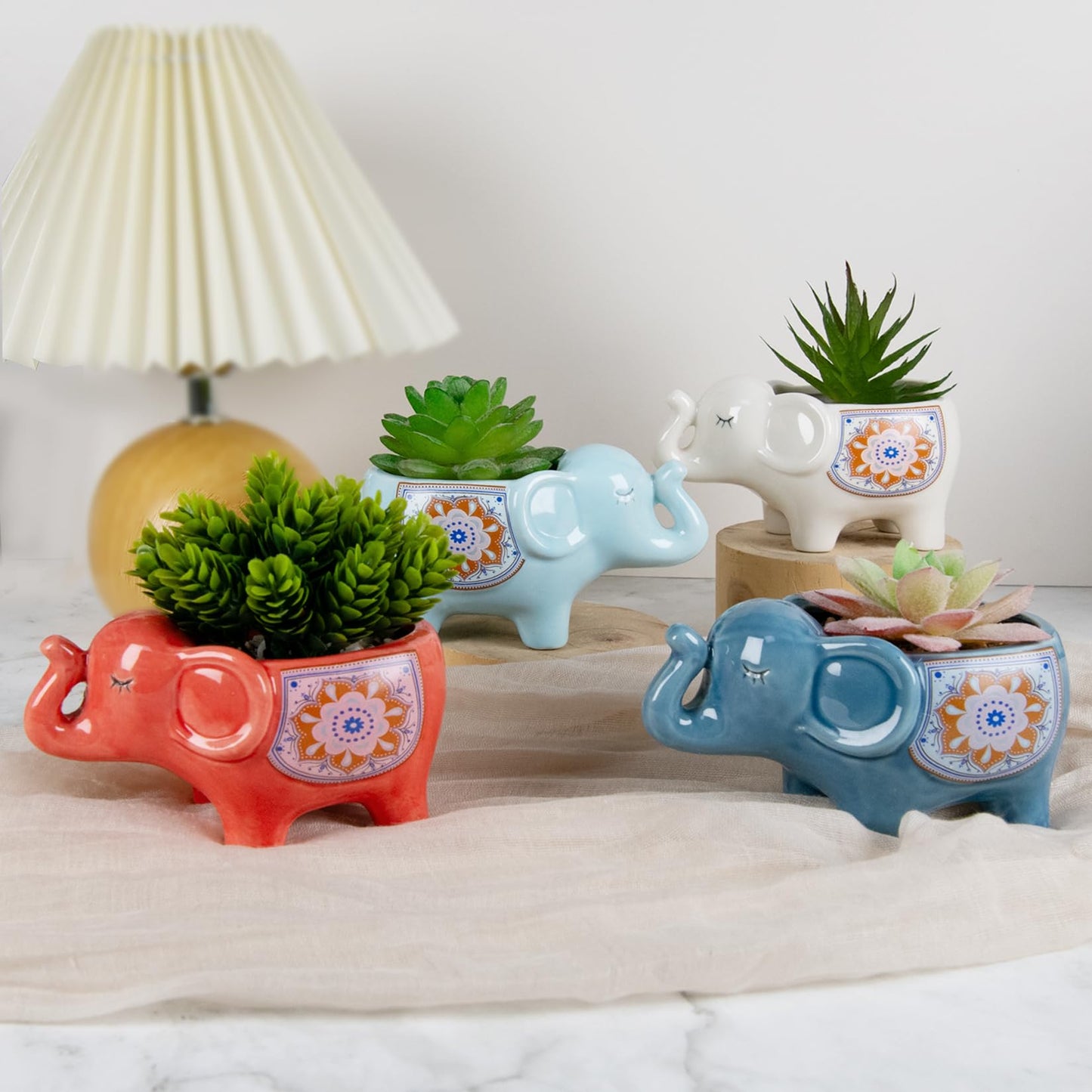 YINUOWEI Elephant Planter Cartoon Succulent Pots with Drainage 5.31 Inch Animal Planter Cute Plant Pots Succulent Planter Container Ceramic Flower Pots Perfect for Home Decor and Gifts, Set of 4