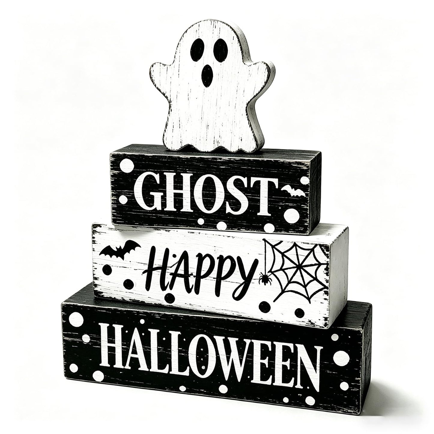4 Pcs Ghost Halloween Decor Rustic Black and White Polka Dot Wooden Tiered Tray Block Signs Farmhouse Spooky Halloween Table Centerpiece Decor for Home Kitchen Shelf Coffee Bar