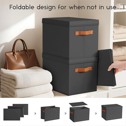 Homsorout Storage Bins with Lids - Large Fabric Closet Bins with Lid, 6 Pack Clothes Organizers and Storage, Collapsible Stackable Cube Basket for Home, Office, Dorm, Black