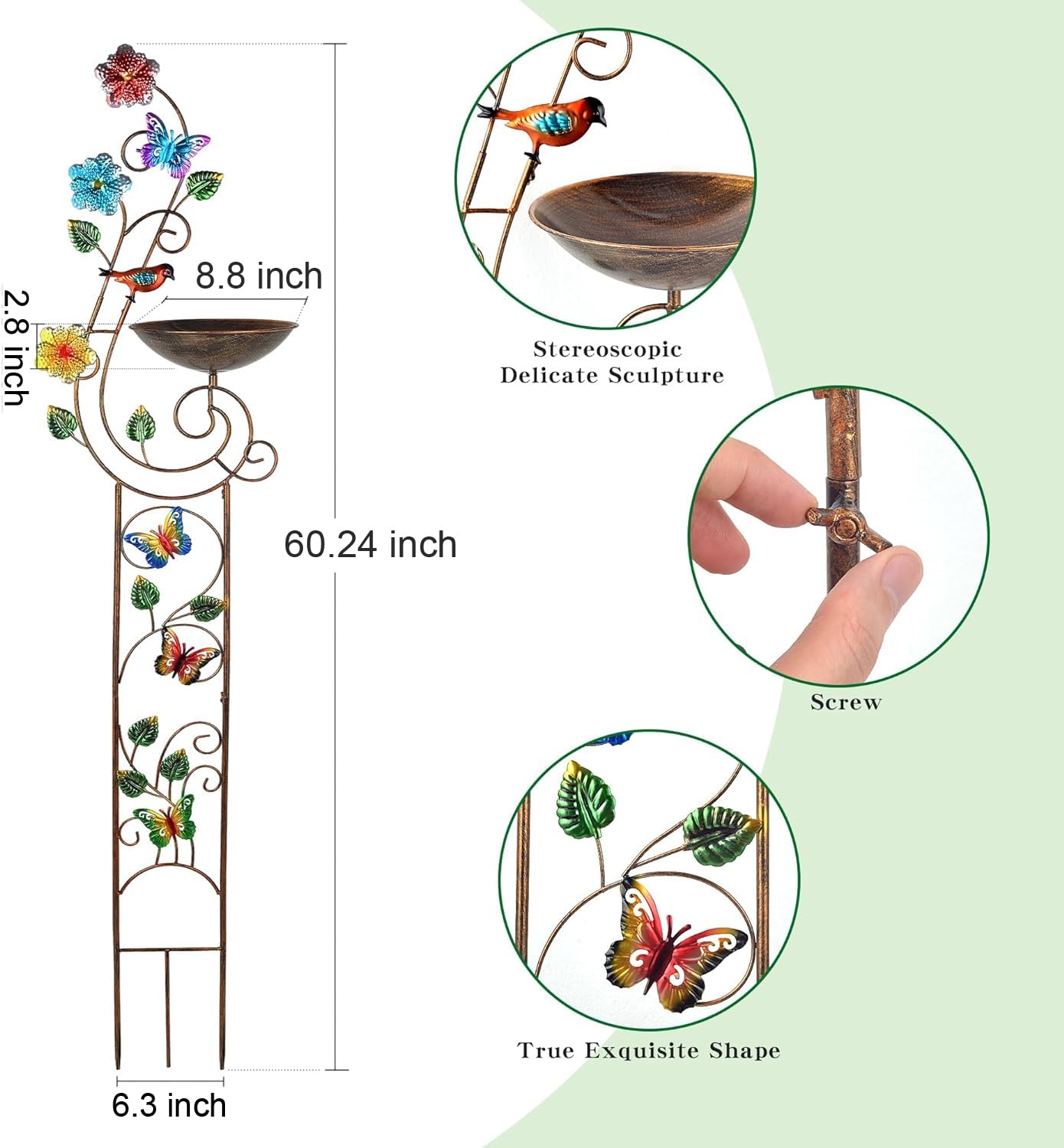 YADOOLIFE 57” Bird Bath with Garden Trellis for Climbing Plants Outdoor, Small Decorative Trellises Metal Birdbath Bird Baths, 1 Piece (Butterfly)