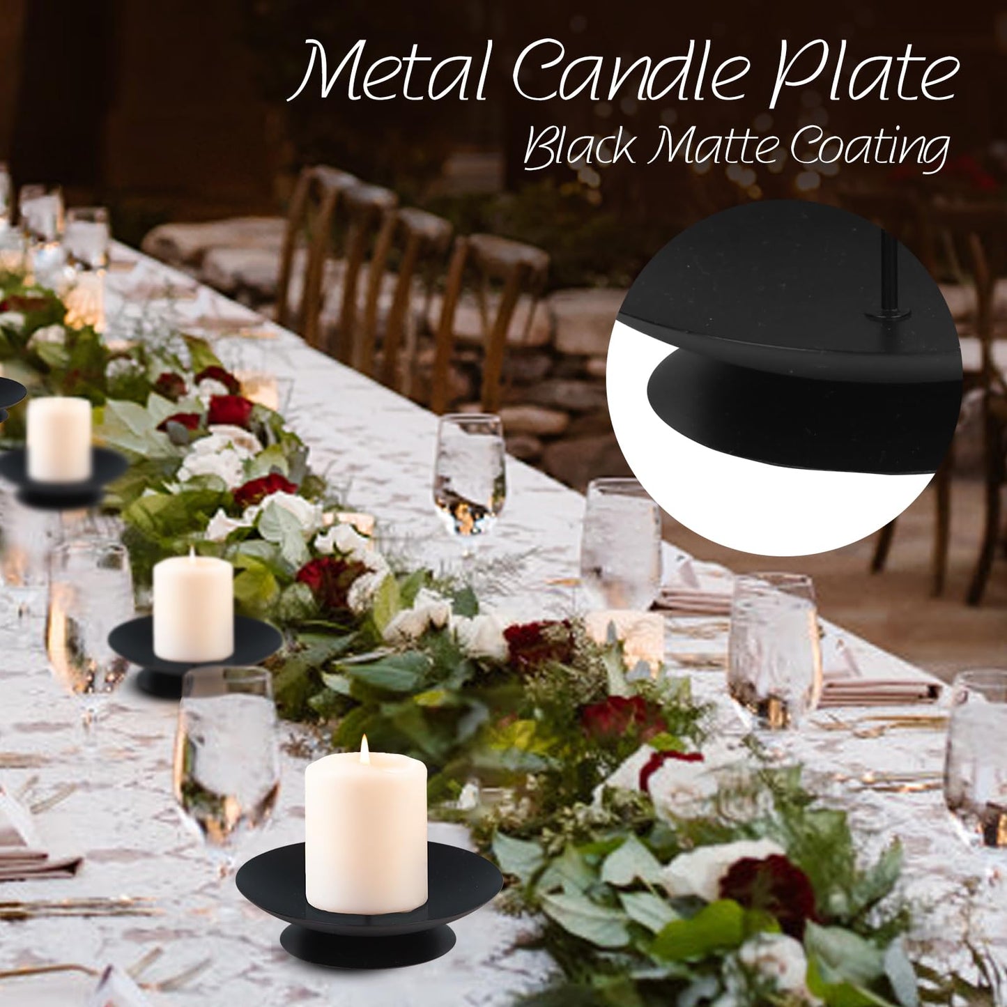 CREECHWA Pillar Candle Holder with Safety Spike, Set of 4, 3.5 Inch Metal Candle Plate, Pillar Candle Holders, Black Candle Stand