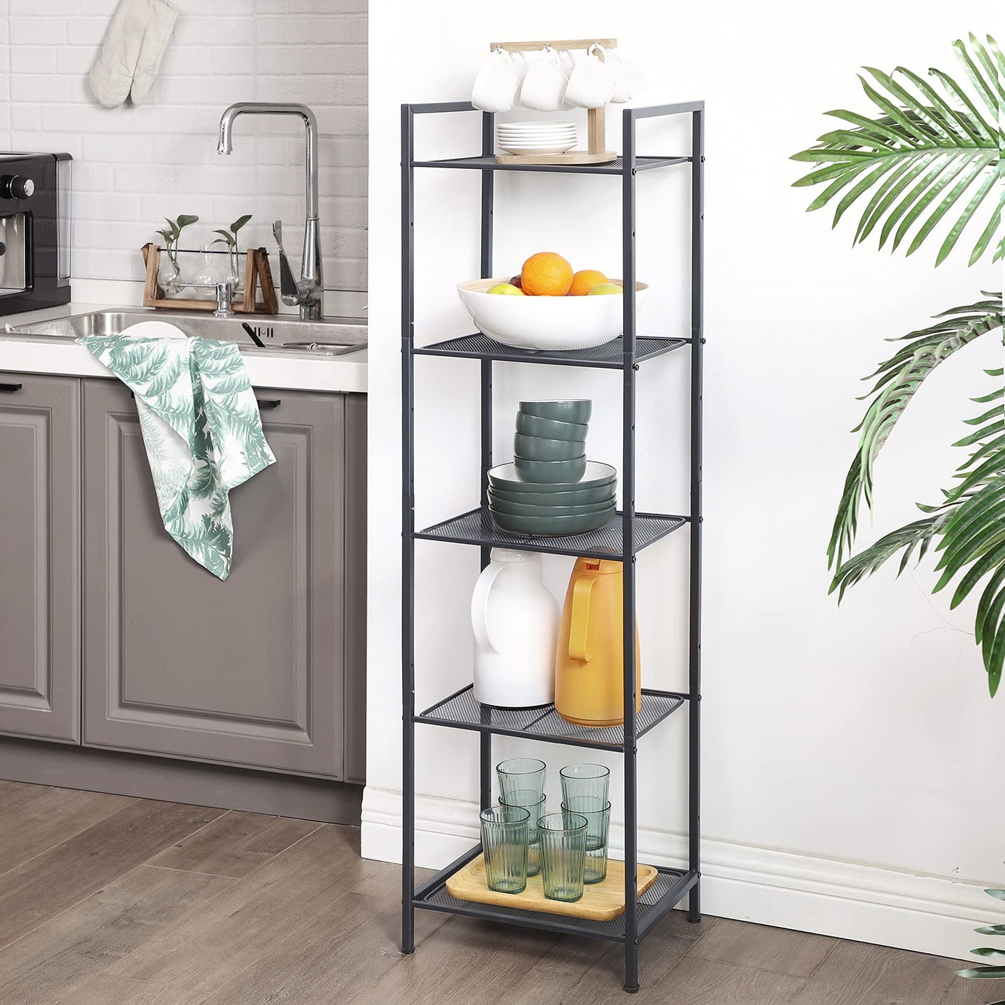SONGMICS 5-Tier Storage Rack, Bathroom Shelf, Extendable Plant Stand with Adjustable Shelf, for Bathroom, Living Room, Balcony, Kitchen, Black UBSC35BK, 11.8 x 15 x 50.4 Inches
