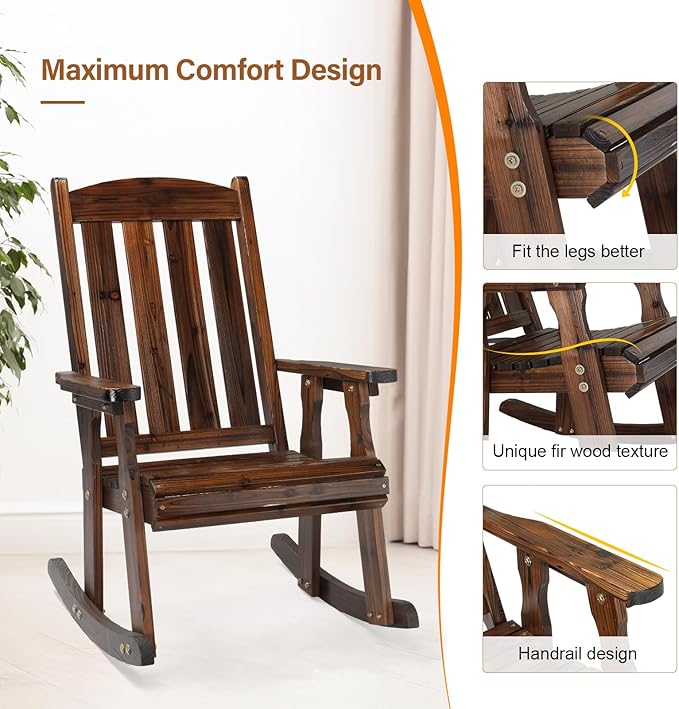VINGLI Outdoor Rocking Chair, Heavy Duty 600 LBS Wooden Rocking Bench