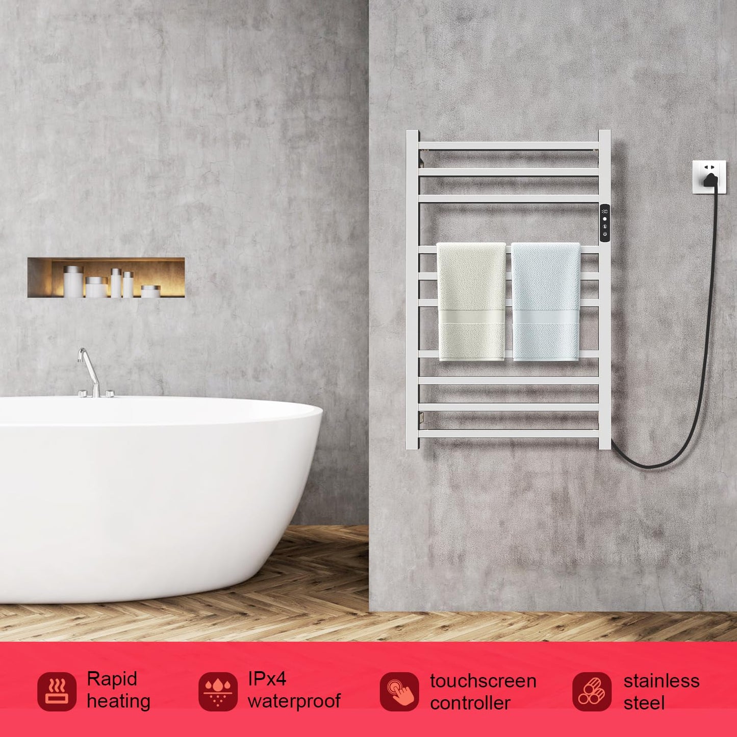 Towel Warmer,Stainless Steel Towel Warmer Rack for Bathroom -10 Bars Wall Mounted Towel Heater with Intelligent Touch Screen Timer, Hard Wired/Plug-in, Black