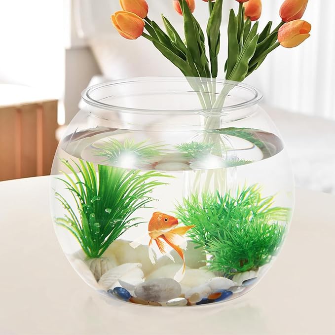 ULTECHNOVO 8.66 Inch Desktop Fish Tank Clear Plastic Round Fish Bowl 1.5 Gallon Portable Aquarium for Home Office Decoration and Plant Terrarium Container