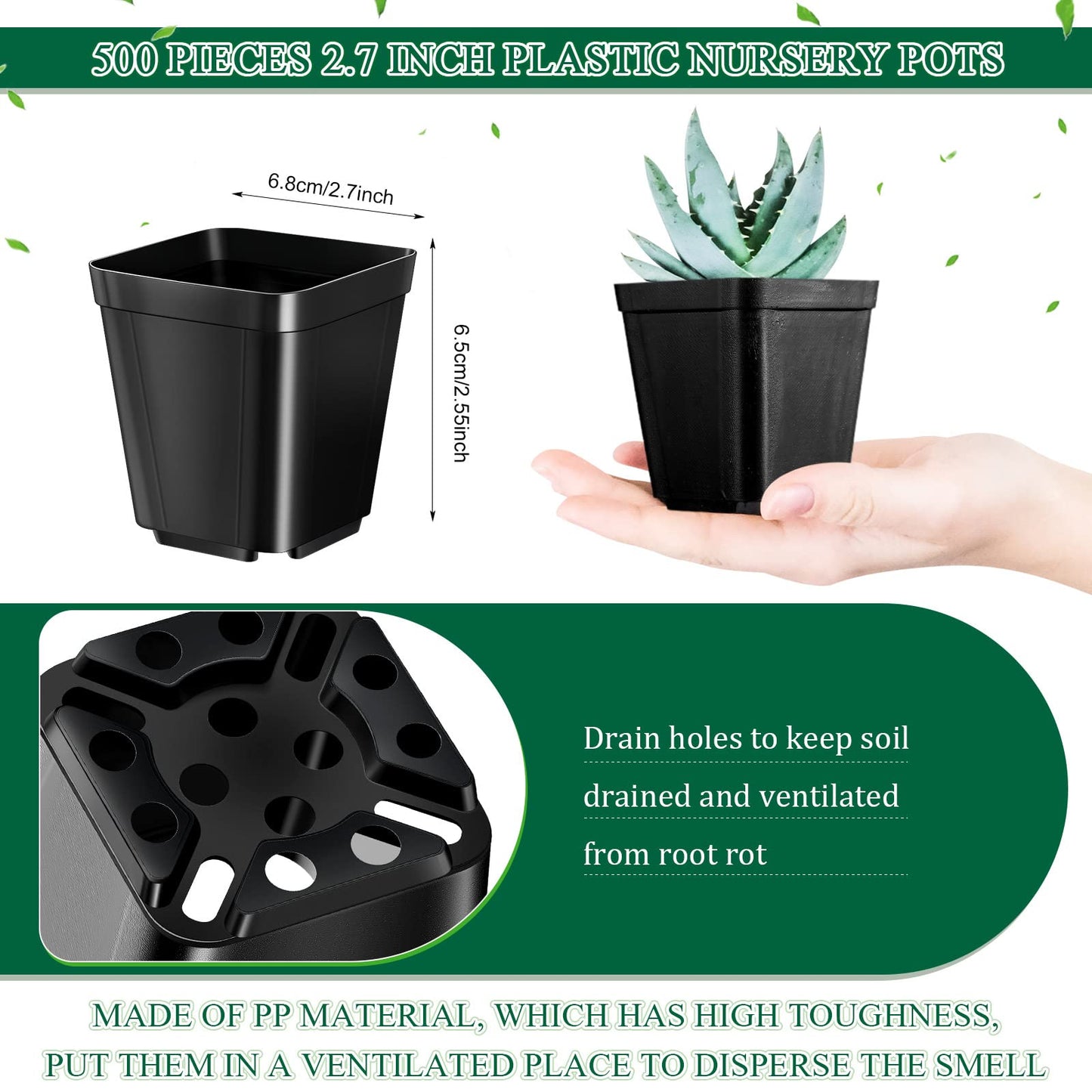 Yinder 500 Pcs 2.7 Inch Black Square Plastic Nursery Pots, Modern Plant Starter Pots, Drainage Hole, Ideal for Indoor Outdoor Flowers, Succulents, Herbs