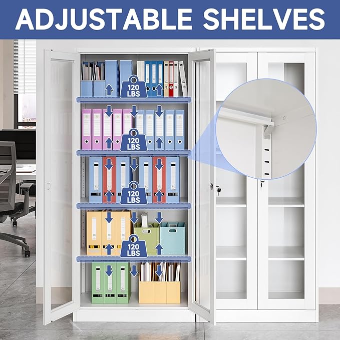 Glass Display Cabinet With Doors, 4 Adjustable Shelves