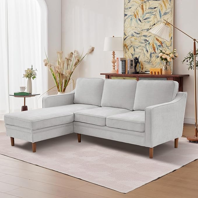Kingfun 88" L-Shape Sofa, Chenille Sectional Couch, Mid Century Modern Couches