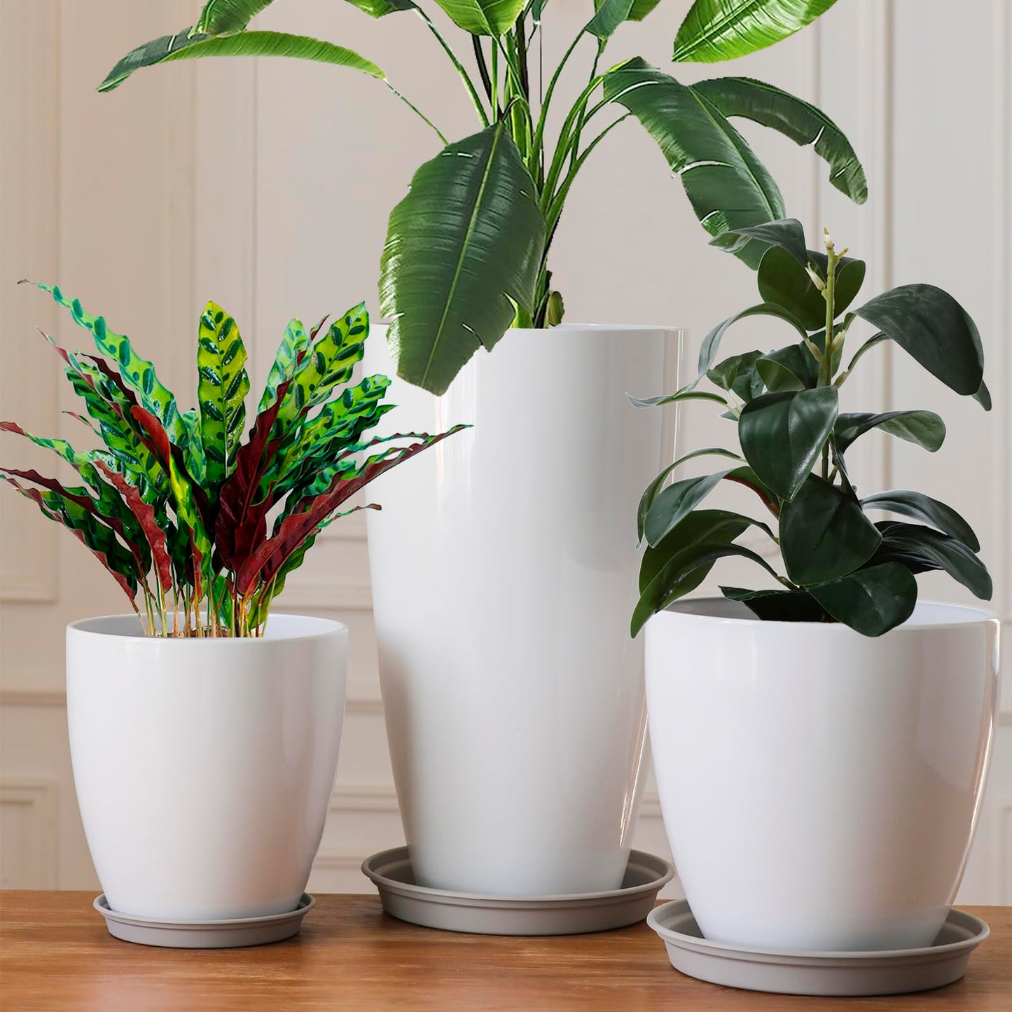 Tall Round Plant Pots with Drainage Holes & Saucer Plastic Decoration Planters for Indoor & Outdoor Garden Home Plants,White Flower Pots 3 Pack 11"/12"/21" H