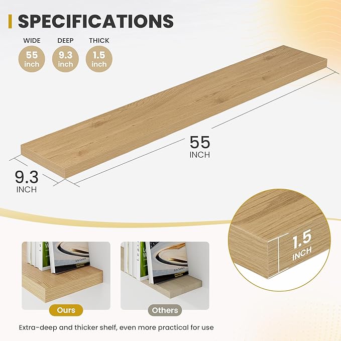 Acovy 55 Inch Floating Shelves, 9.3" Deep Floating Shelf Wall Mounted, Rustic