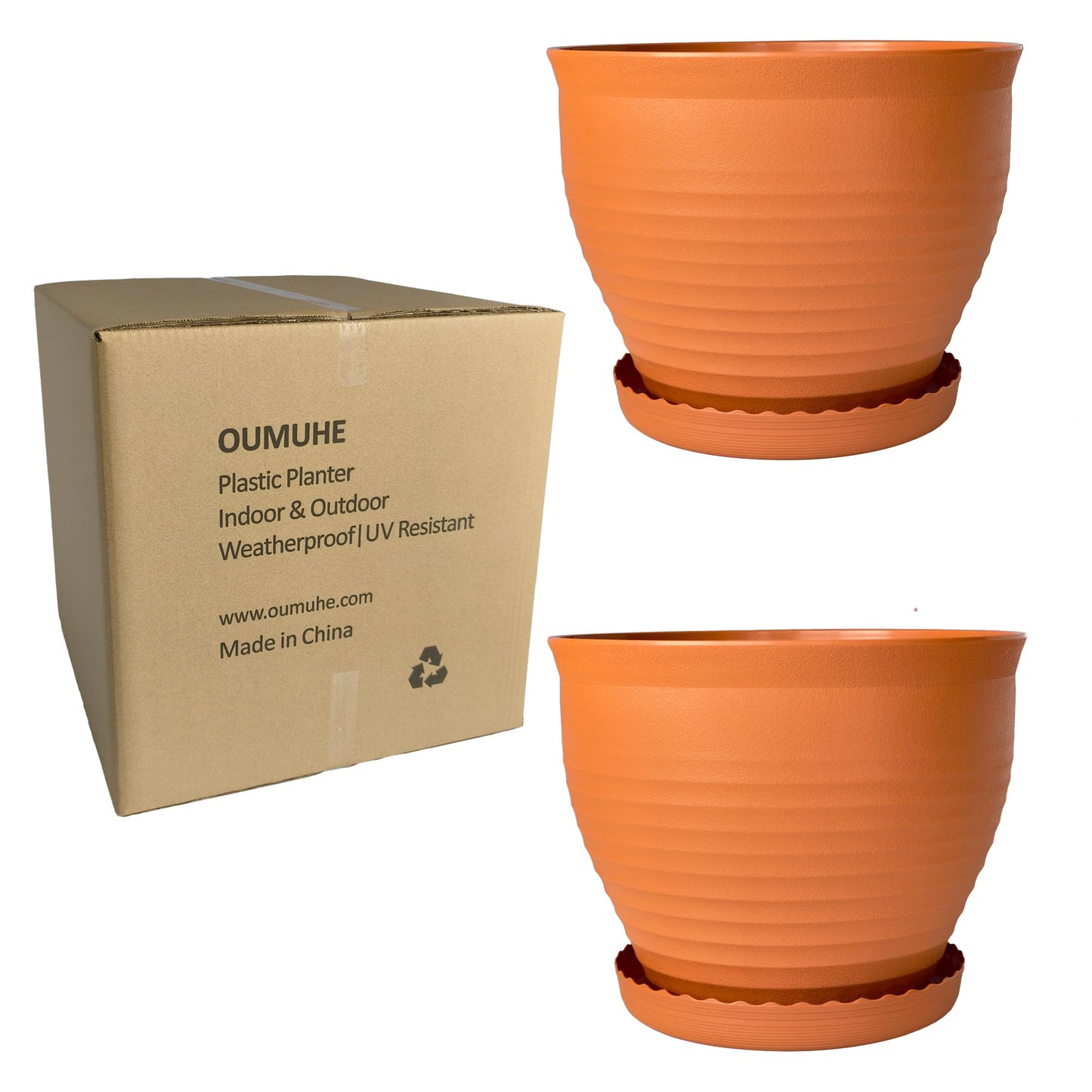 OUMUHE 13.8 Inch Round Plastic Planters Urns with Drainage and Saucers, Set of 2, Large Flower Pots for Indoor Outdoor Plants, Available in Terracotta & White (Terracotta)