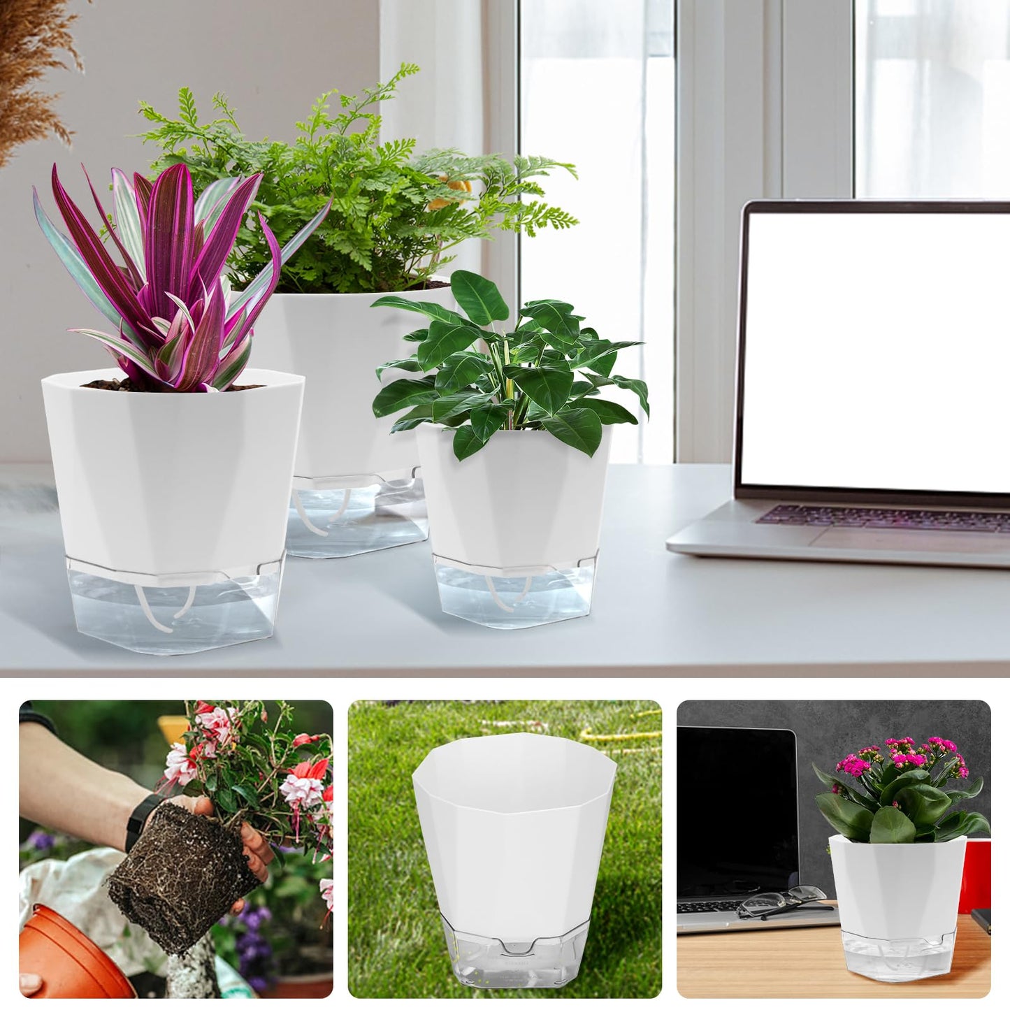 TekkPerry 6 Pack Self Watering Plant Pot, 6.6/5 Inch Plastic Self Watering Pots for Indoor Outdoor Plants African Violet Pots Easy Plant Self Watering Pot with Wick Rope for Plants Flowers