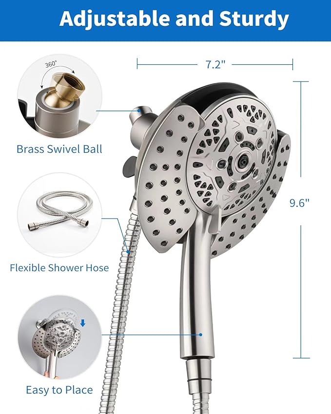 INAVAMZ Shower Head with Handheld High Pressure: Hand Held Shower Head & Rain Shower Head 2-IN-1 Shower Head with 59" Rotatable Stainless Steel Hose, Shower Trim Systems, Nickel 1.8 GPM 15391