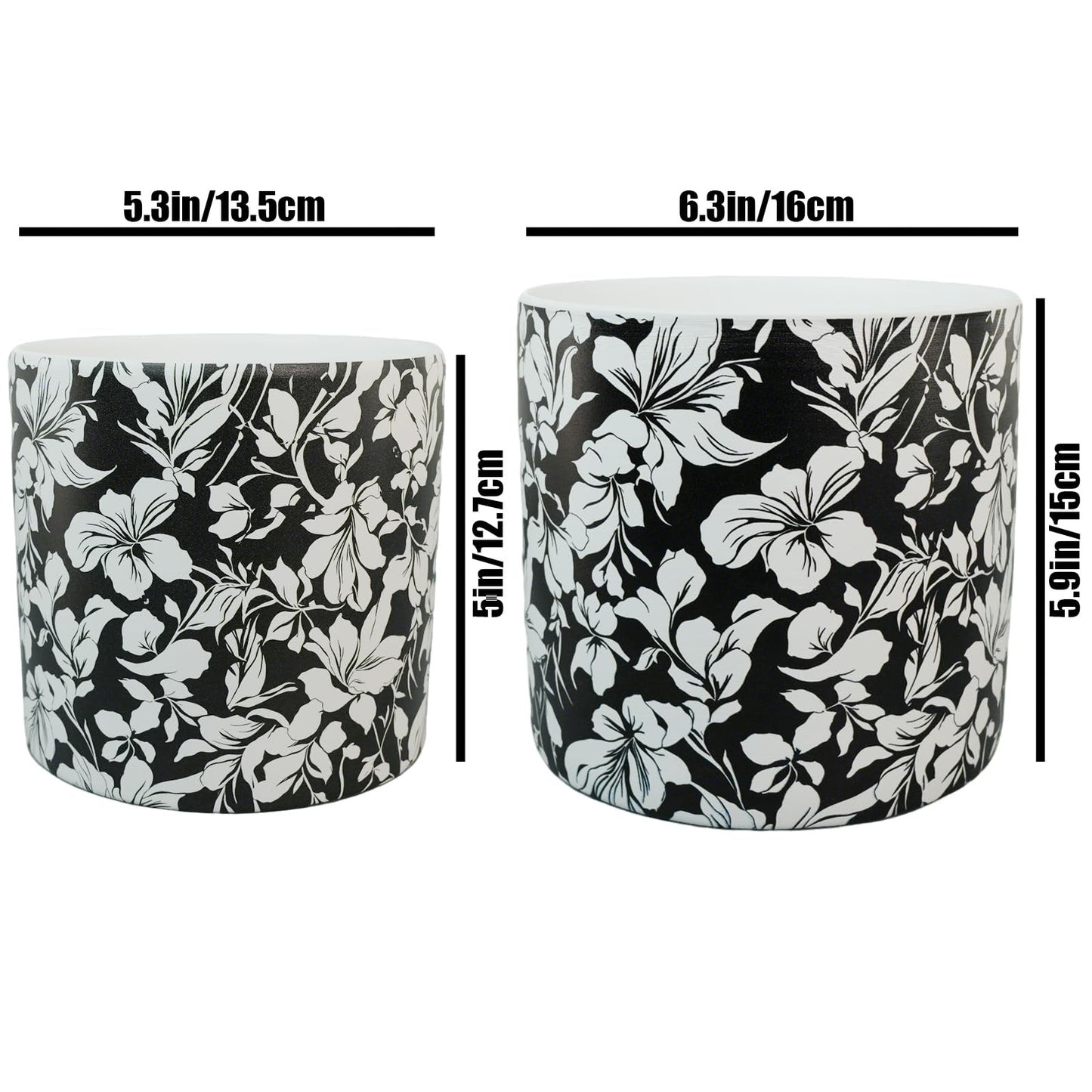Ceramic Flowerpot Kit with Drainage Holes and Trays，5.9/4.9in Home Decor Planter for Indoor Potted Plants and Succulent Plants，2 Set of Black and White Plant Pot for Housewarming and Home Gifts