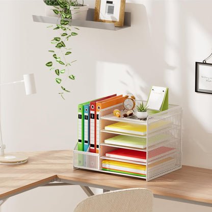 Marbrasse Desk Organizer with File Holder, 5-Tier Paper Letter Tray, Mesh Desk Organizers and Accessories with Magazine Holder, Desktop Organizer and Storage for Office Supplies (White)