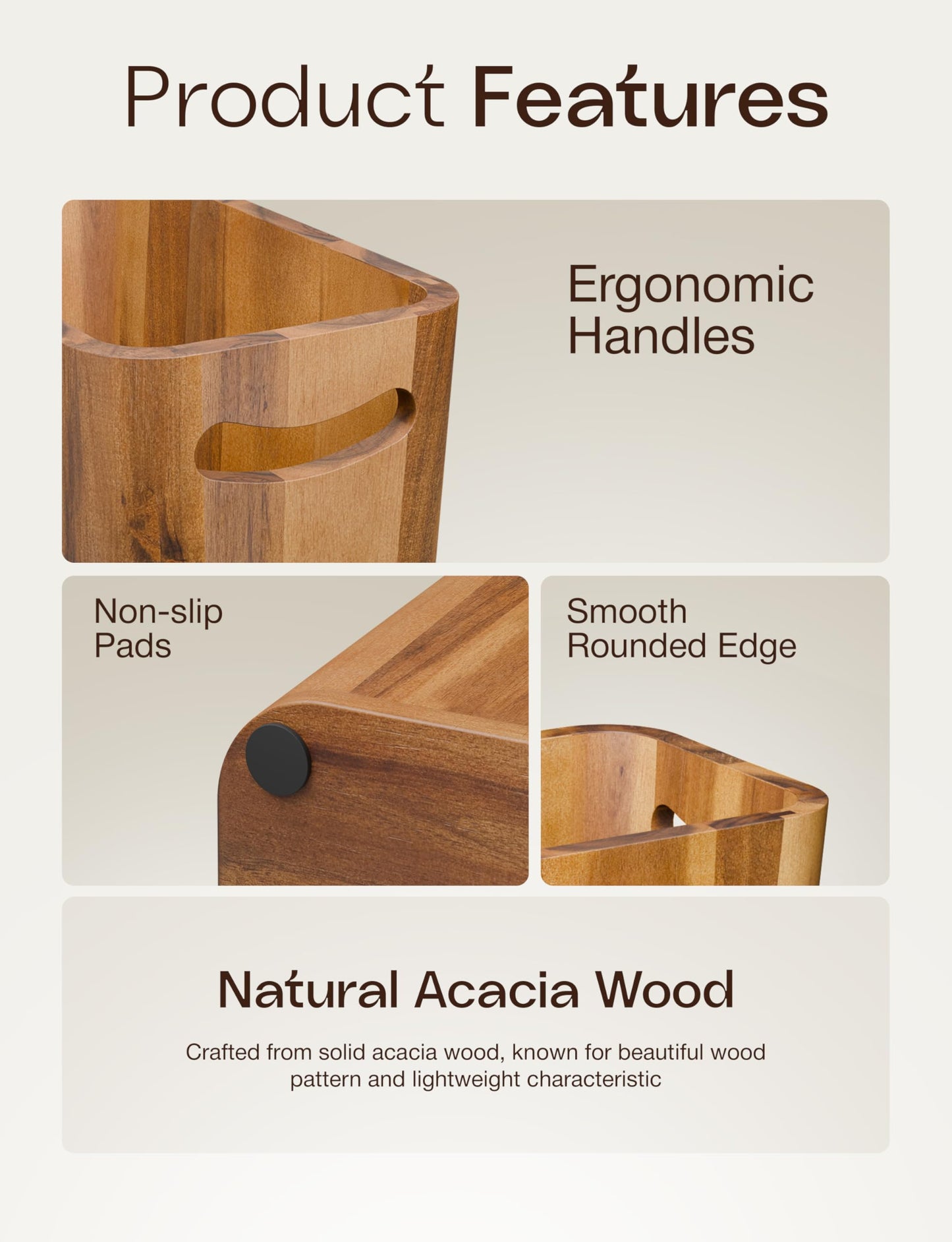 Tidita 3 Gallons Acacia Wood Waste Basket for Bedroom - Small Wooden Trash Can for Bathroom, Rustic Bathroom Decor - Waste Paper Basket with Handle, Wood Trash Can, Office Trash Cans for Near Desk