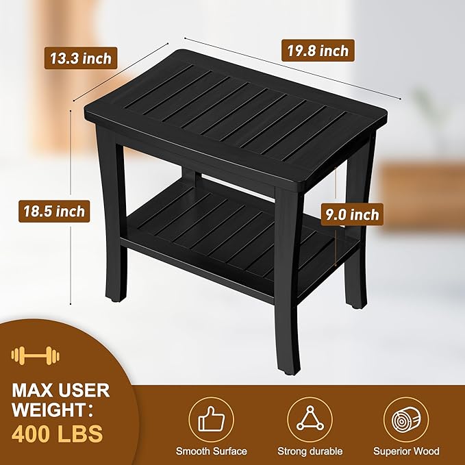 Extra Bamboo Black Shower Bench Stool Waterproof Shower Chair Spa Bath Seat