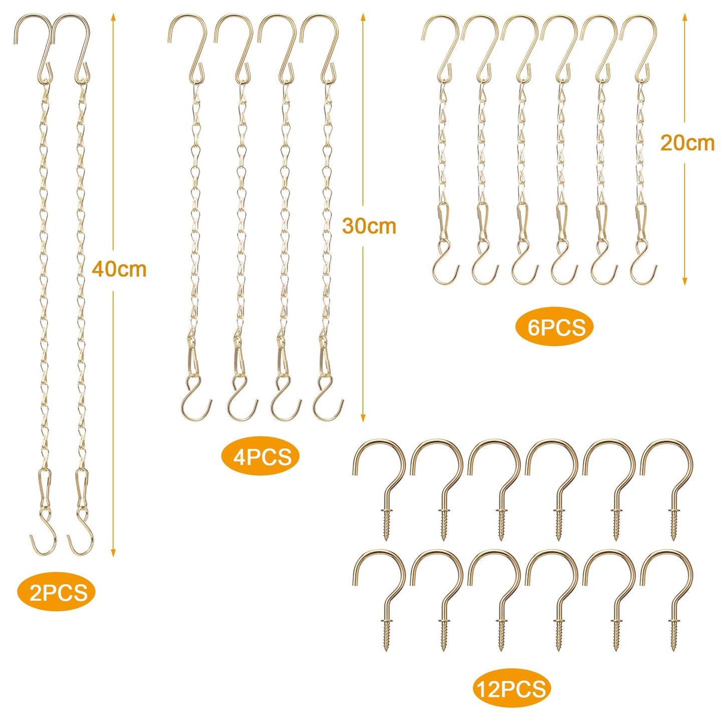 Hotop 12 Set Ceiling Hooks with Hanging Chains for Bird Feeders, Planters, Lanterns, Billboards, Birdbaths, Grow Lights, Chalkboards, Wind Chime and Other Ornaments, Chain Hook DIY (Gold)