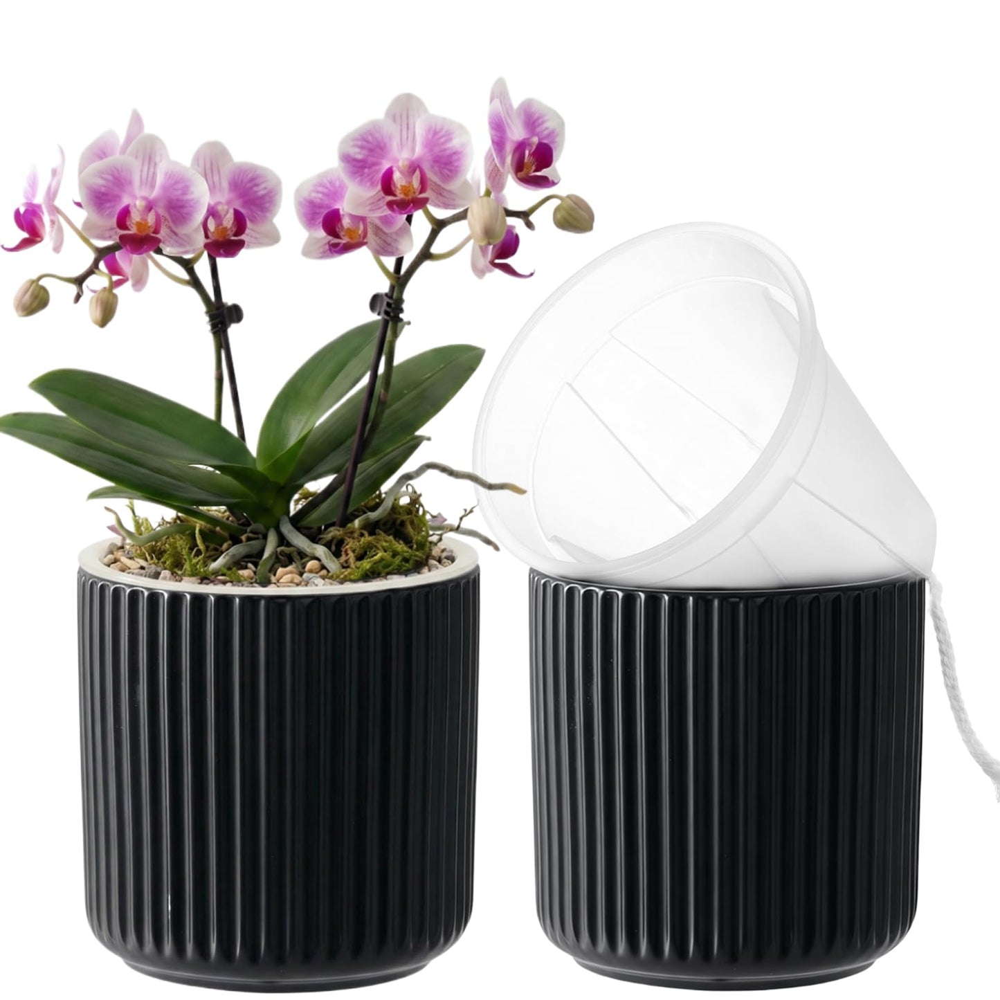 TineDew 2 Pack of 4in Ceramic Cachepot with 4 inch Clear nusery Pot - self Watering Indoor Planter with Drainage for Root Visibility,semi Hydro pots for repotting Succulent,Black