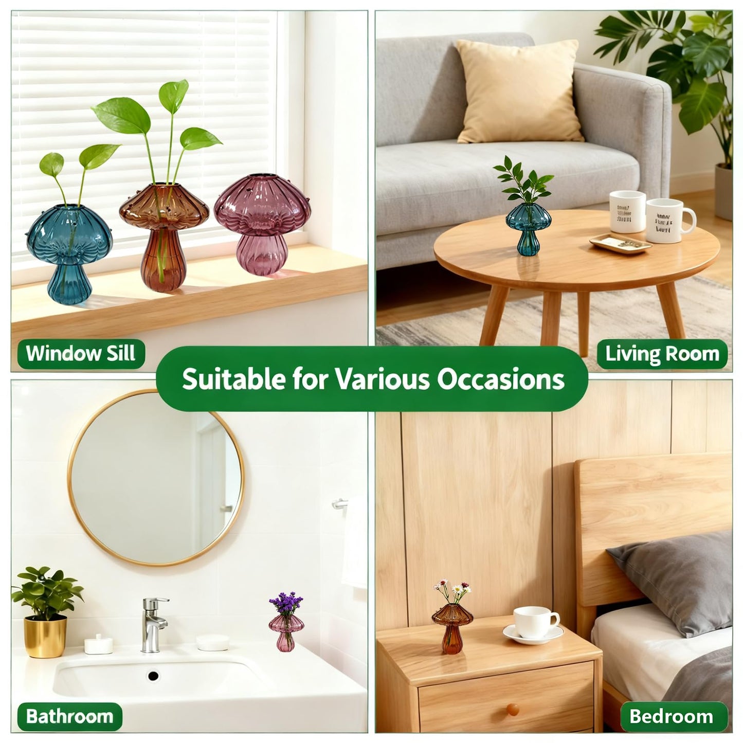 NOLIPED Glass Mushroom Propagation Planter - Set of 3 Cute Plant Propagation Stations for Indoor Plants, Unique Small Hydroponic Vase Jars Mini Terrariums for Window Living Room Bathroom Shelf Decor