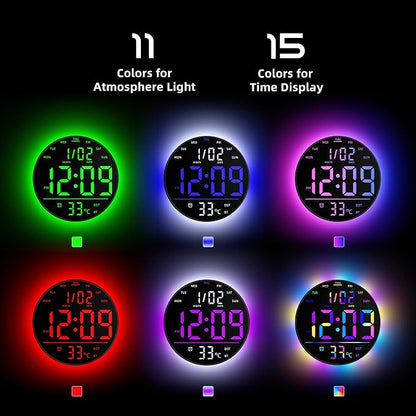 EASYERA 10" Large Digital Wall Clock with Remote Control, Music Sync RGB Atmosphere Light, Low-Reflectivity, Temperature, LED Display, Dual Alarms, BT Sync, Auto DST for Bedroom and Classroom