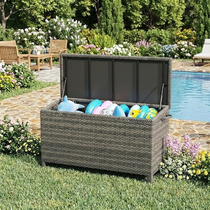 GarveeLife Outdoor Wicker Storage Box, PE Rattan Patio Storage Chest