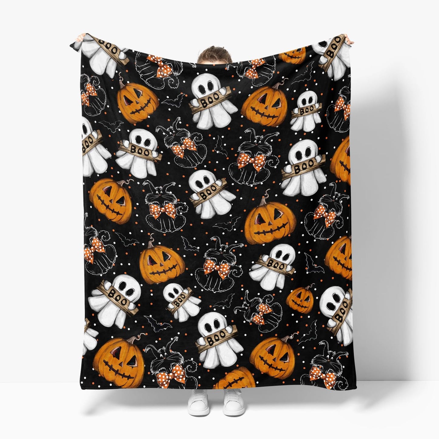 Horaldaily Halloween Flannel Blanket Throw, Jack-O-Lantern Ghost Cat Dots Soft Fuzzy Plush Cozy Fleece Blankets for Couch Sofa Bed Lounging, Ideal Gifts for Kids Adults Wife Self, 50x60